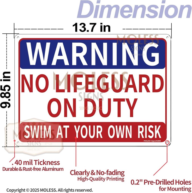 MOLESS 2 Pack Pool Safety Signs Bundle – 14x10 Inch Pool Signs for Outside Outdoor Decor, No Lifeguard on Duty & Child Supervision, Durable 0.040 Aluminum Weatherproof, Easy to Mount, PSP-2302 - Image 2